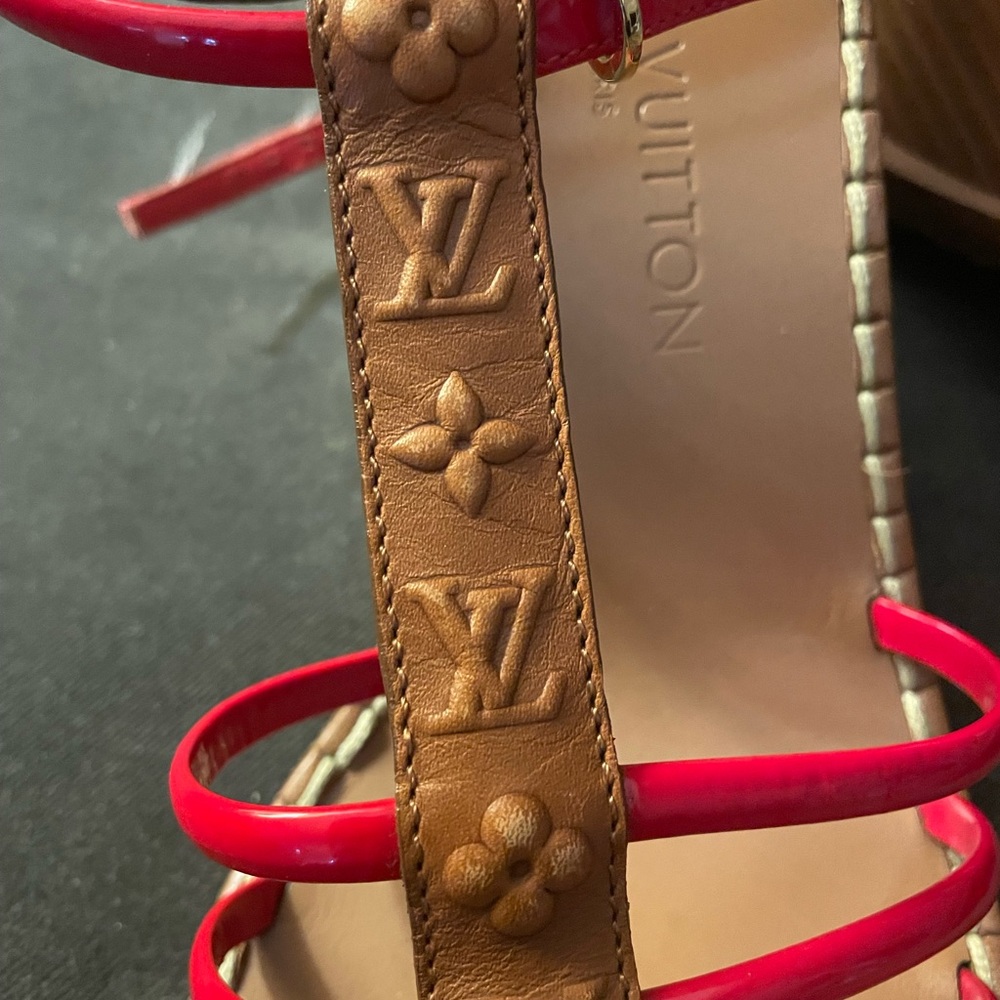 Louis Vuitton Brown Wedge Sandal with Red Straps - Picture 8 of 12